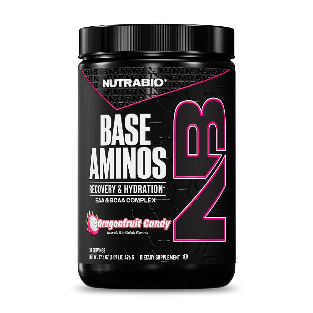 NutraBio Base Aminos EAA + BCAA Powder -10g Essential Amino Acids Dodatek, 6g 2: 1 BCAA, 2.8g Hydratační matrix s elektrolyty a absorpční Enhancer AstraGin ® - 30 Služe- Dragon Fruit Candy