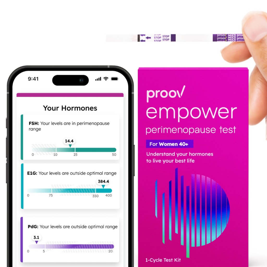 Proov - Využití hormonální stopy doma - pro ženy 30- 40 + - Porozumět Vašemu hormonální rovnováze & Perimenopauza Stadium - Opatření FSH, LH, Estrogen & Progesterone - 1 Cycle Test Kit