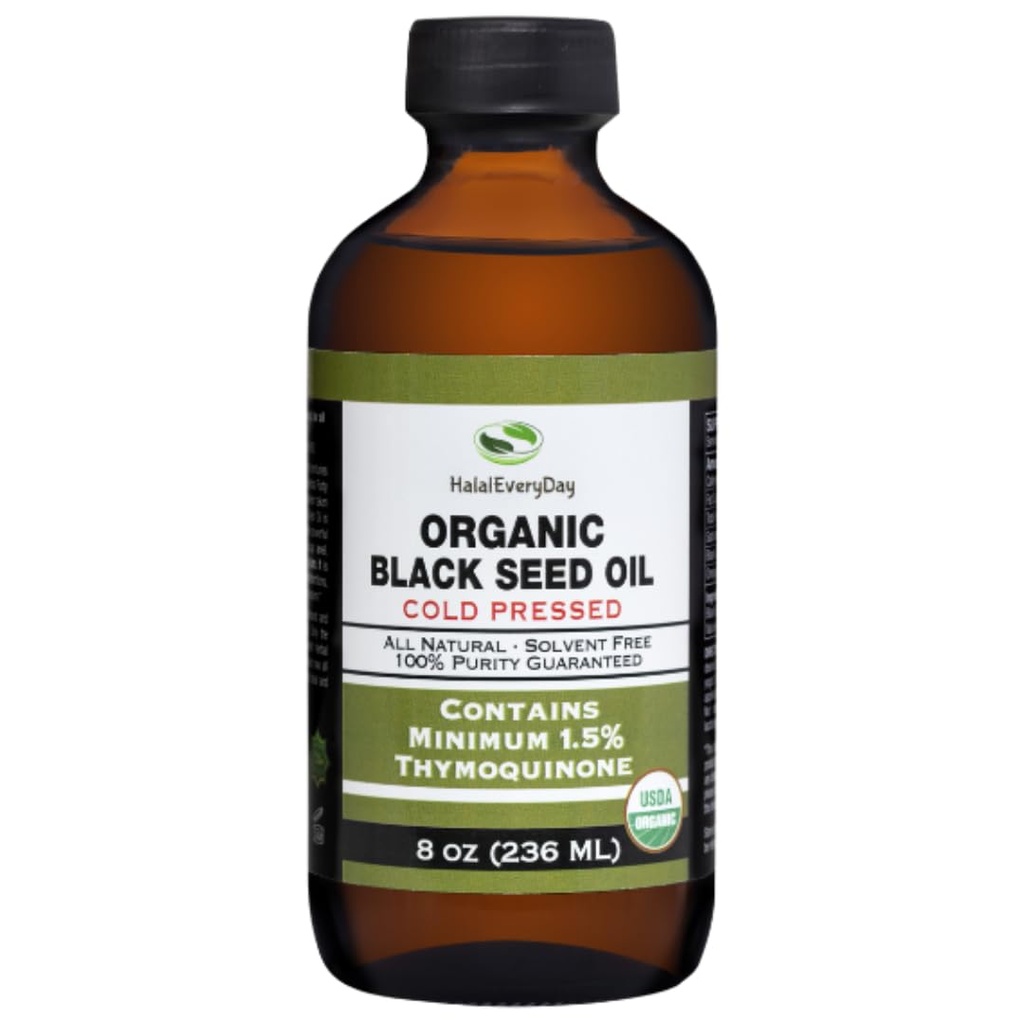 Organic Black Seed Oil - USDA Certified Cold Pressed Glass Bottle over 1.5% Thymoquinone 3X force Turkian Black Cumin Nigella Sativa non-GMO 100% Pure Blackseed Oil (8oz Glass Bottle)