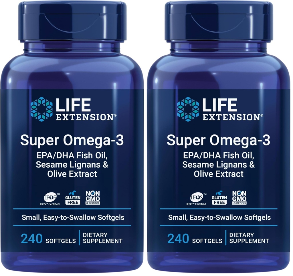 Life Extension Super Omega33 EPA / DHA Fish Oil, Sezame Lignans & Olive Extract - Heart, Brain, Zánět Zdraví Podpora, Gluten- Free, Snadno polykat, Non- GMO, 240 Softgels (Balení po 2)