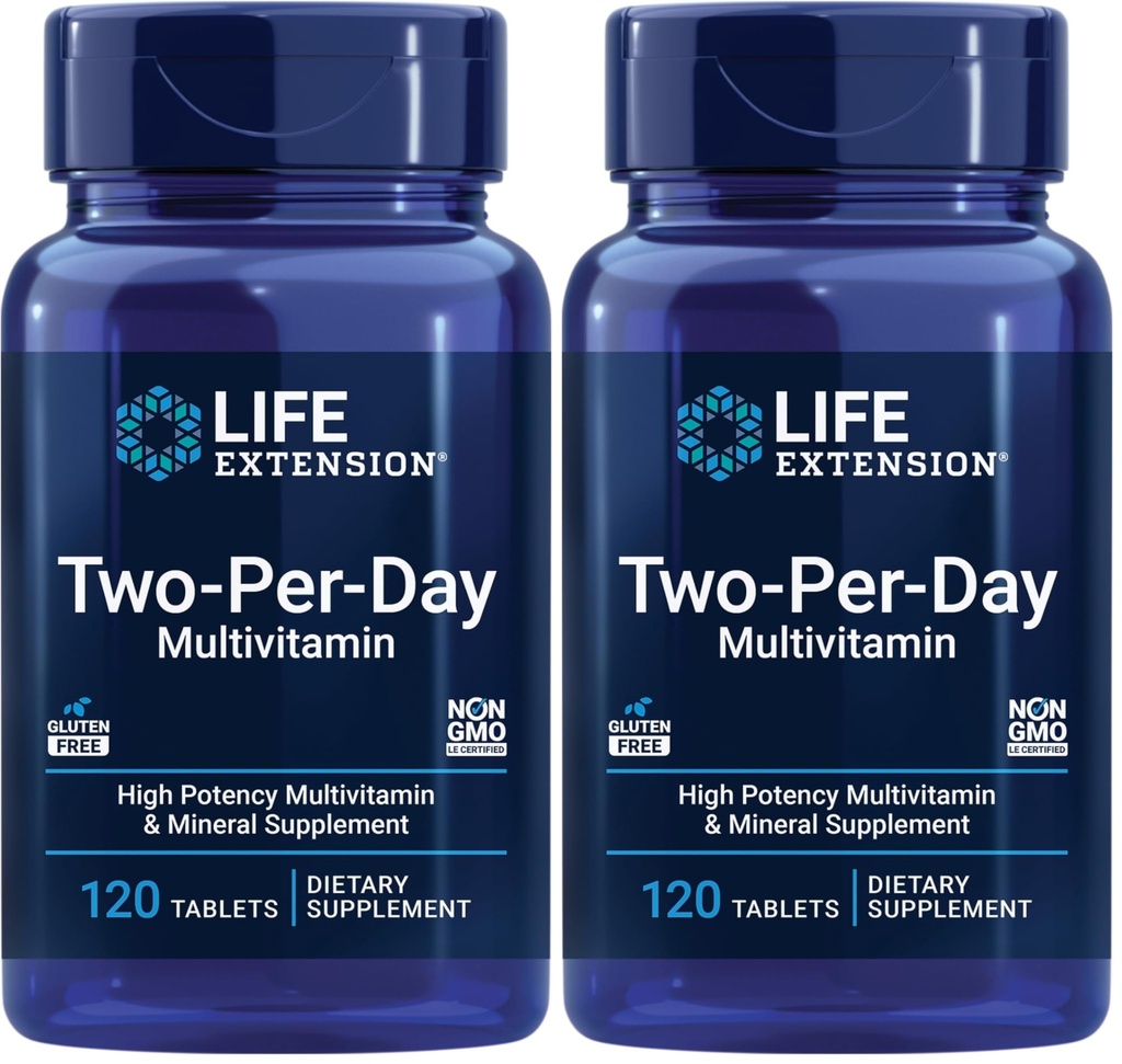 Life Extension Two- Per- Day High Potency Multi- Vitamin & Mineral Supplement - Vitamíny, Minerály, Extrakty rostlin, Quercetin, 5- MTHF Folát & Více - Gluten- Free - Non- GMO - 120 Tablet (Balení po 2)