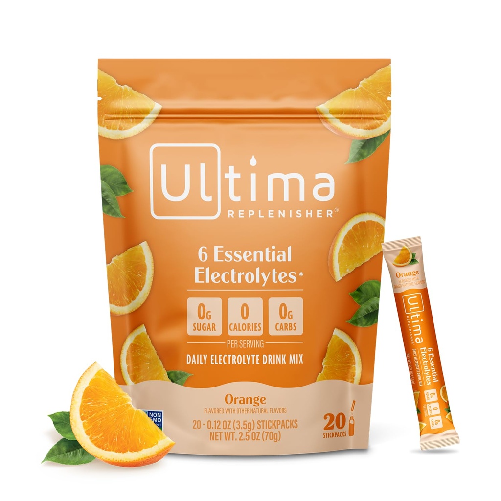 Ultima Replenisher Daily Electrolyte Powder Drink Mix -Sugar Free - Orange, 20 Stickpacks - Hydratační balíčky s 6 klíčovými elektrolyty a stopovými minerály - Keto Friendly, Vegan, Non- GMO