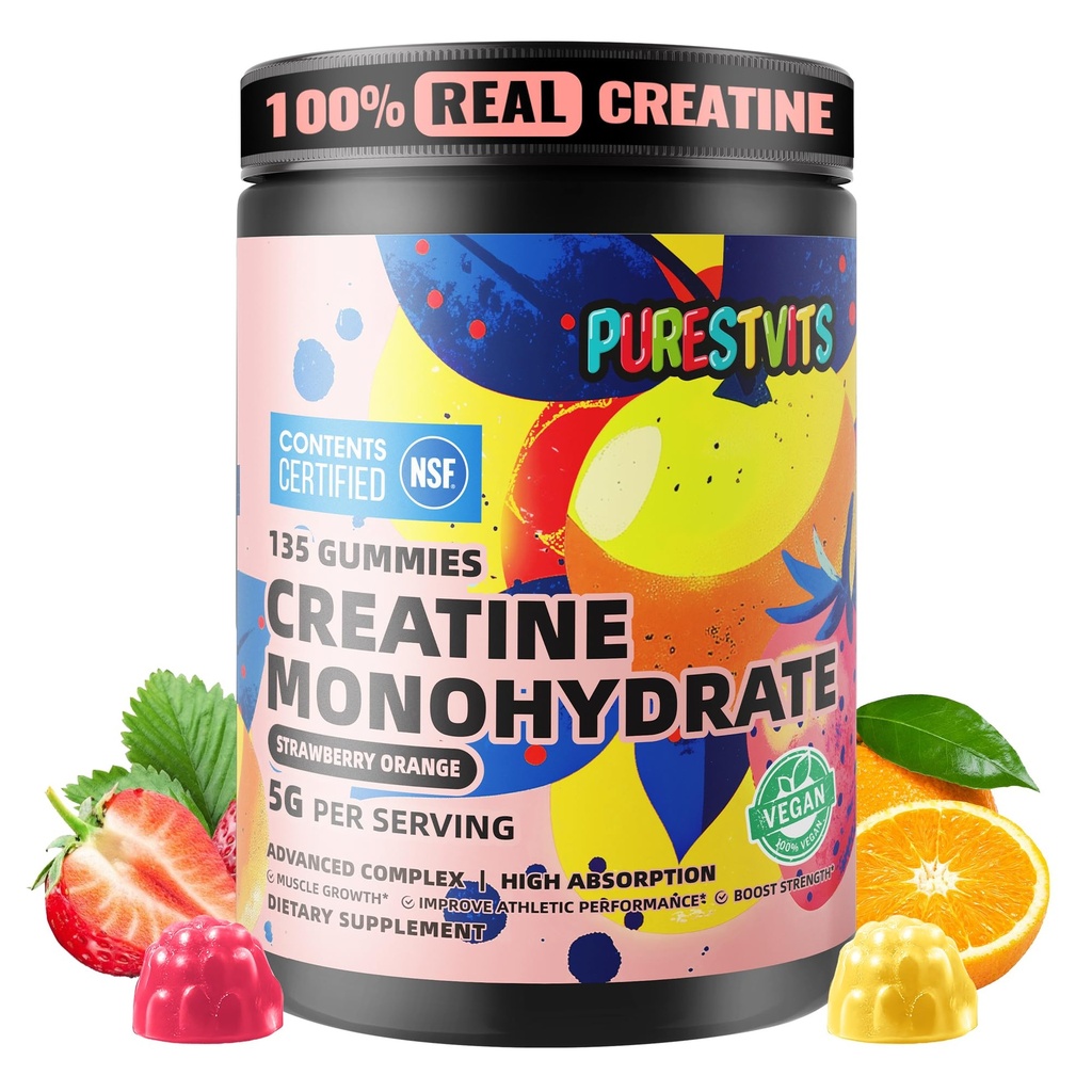 NSF Certified Creatine Gummy 5g - Creatine Monohydrát Gummies - Pre- Workout Energy & Muscle Growth Support for Men & Women Ibrahim 124; Jahodová Orange Electrolyte Gummies (135 Počet)