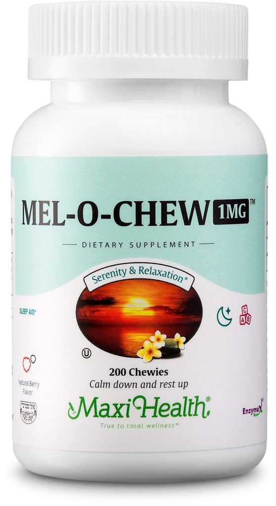 Maxi Health 1mg Melatonin Chewables - Dospělí a děti Melatonin k povzbuzení přirozeného spánku - Non-Habit Forming Kosher Sleep Supplement s Enzymaxem pro Fast- acting podporu (200 jednotek)