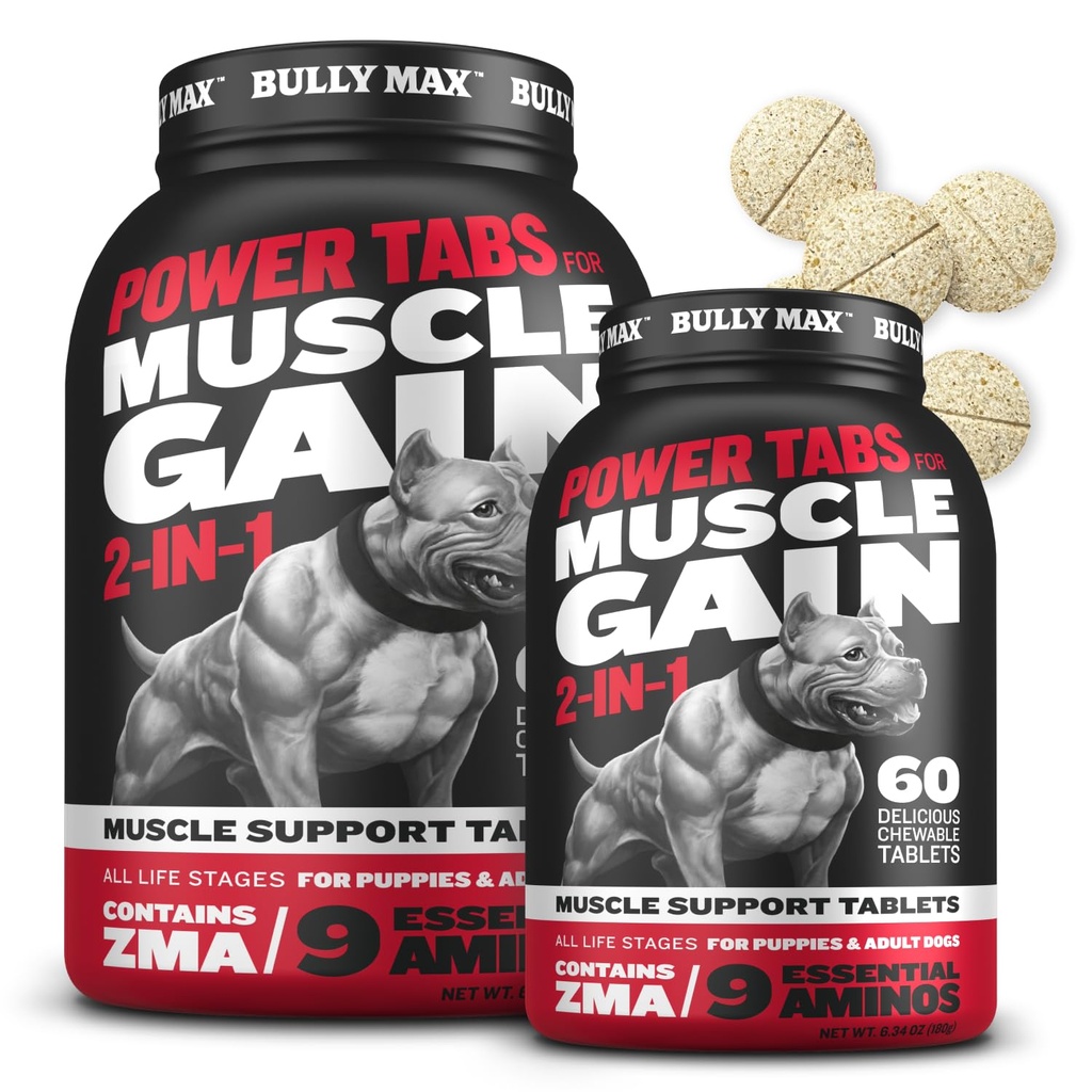 Bully Max 2-in-1 Muscle Builder Chewable Tablety pro štěňata a dospělé psy - Dog Vitamíny a doplňky pro svalovinu a růst - Psí štěně Multivitamíny pro všechny Breeds & Ages - 60 Tabs (2 láhve)