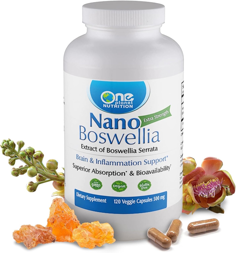 One Planet Nutrition Nano Boswellia 500 mg Veggie Kapsle (120 Servings), Boswellia serrata Resin, podporuje kognitivní funkce pro zdraví mozku, Non- GMO, Vegan, gluten- free