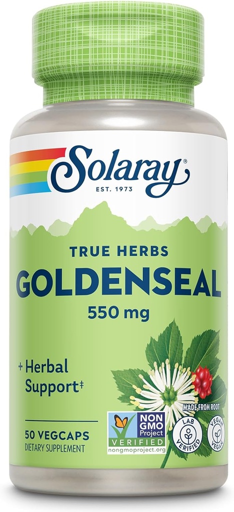 SOLARAY Goldenseal Root 550mg - Zlaté tuleně Kapsle - Bylinné doplňky pro wellness podporu - Non- GMO, Vegan, gluten zdarma, Laboratoř ověřená, 60- denní záruka vrácení peněz, 50 Služeb, 50 VegCaps