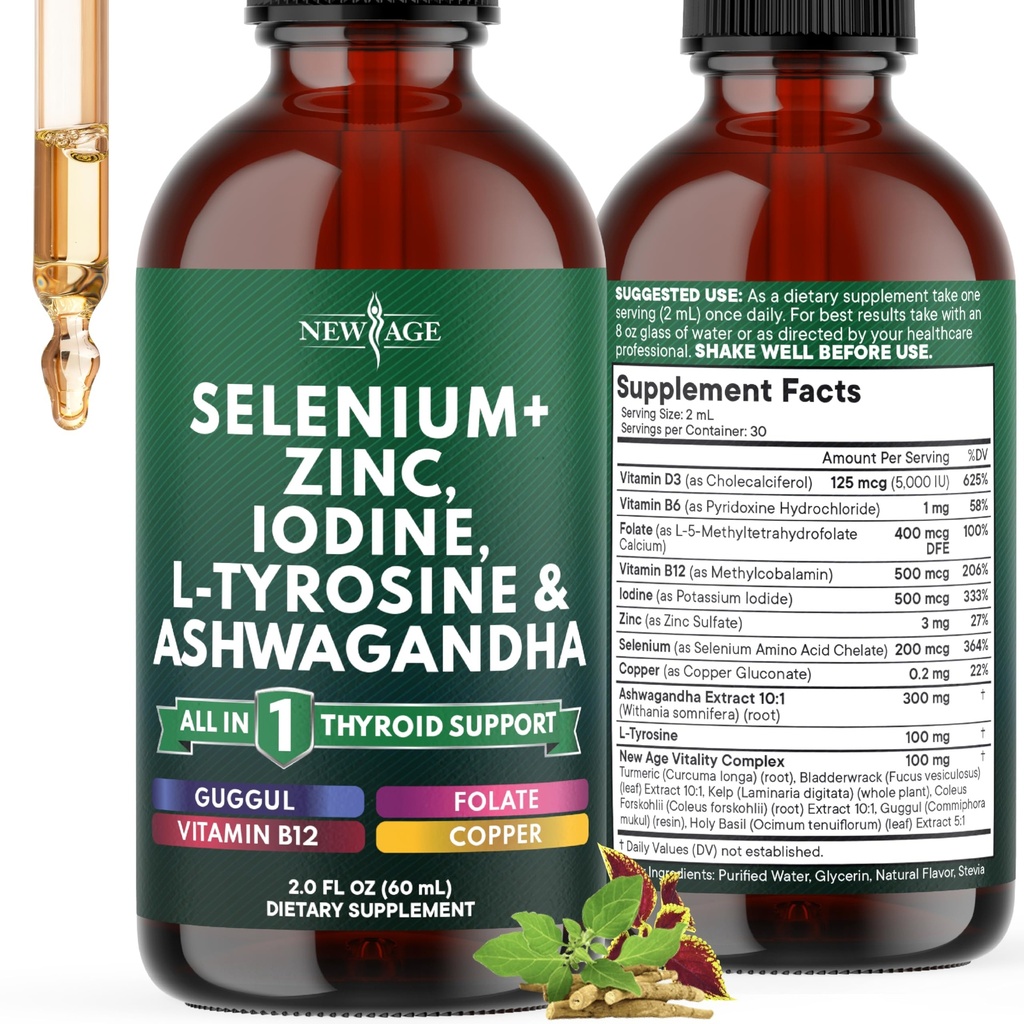 Kapky na podporu štítné žlázy - Selen, zinek, jód, L Tyrosin, Ashwagandha, Turmeric, Schisandra Guggu, Cayenne, Basil - Liquid Supplement Folate Copper-Free, Vegan, Non- GMO - 2 oz