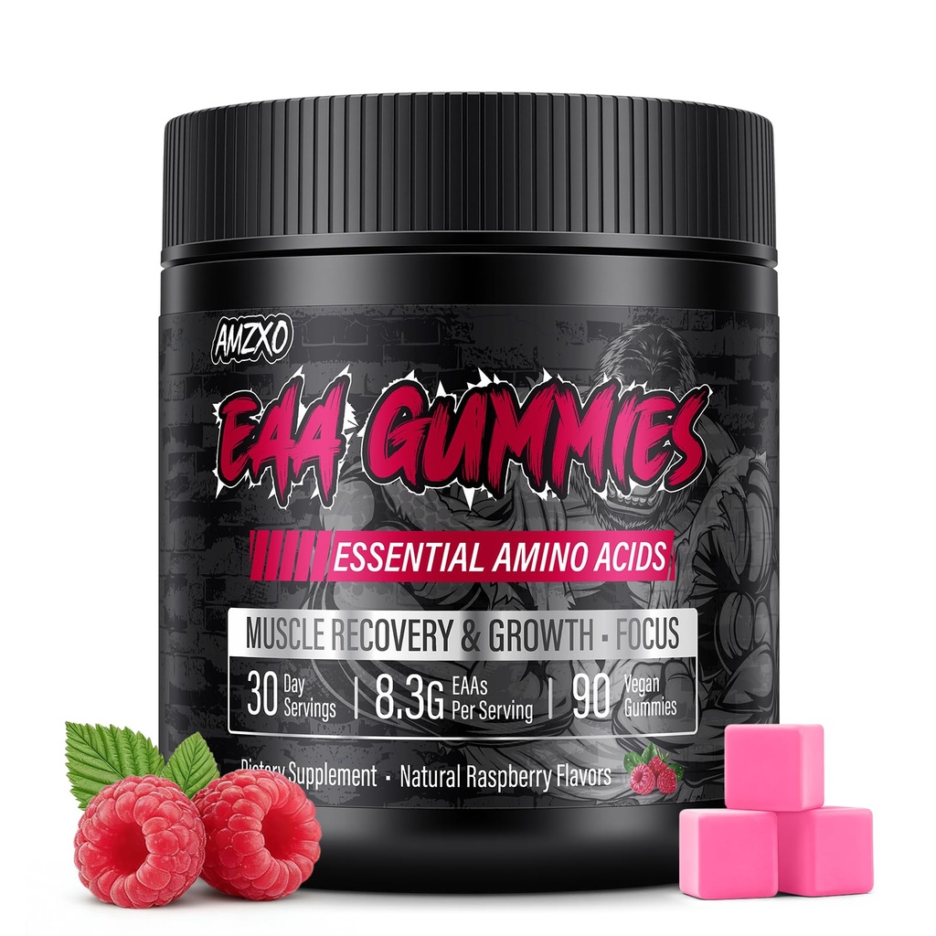 Gummies EAA - 2: 1: 1 BCAA Formule (8300mg) - Essential Amino Acids for Muscle Recovery & Endurance - Non- GMO, Gluten Free, Sugar Free, Vegetarian, Raspberry Flavor - 90 Count
