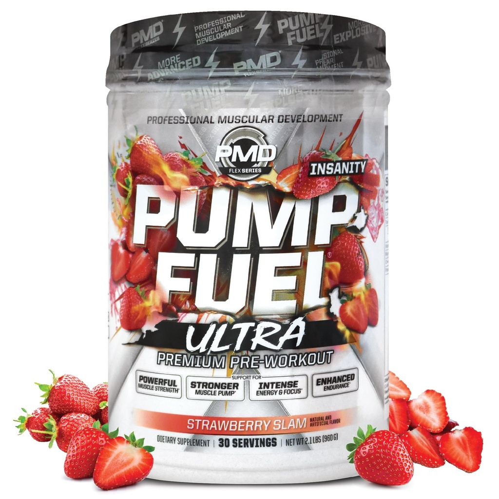PMD sportovní čerpadlo Palivo Ultra Insanity - Premium Pre Workout Powder & Muscle Pump, Větší zaměření, Vytrvalost & Recovery, Premium Creatin, Arginin & Beta Alanin - Jahodové Slam (30 Služení)