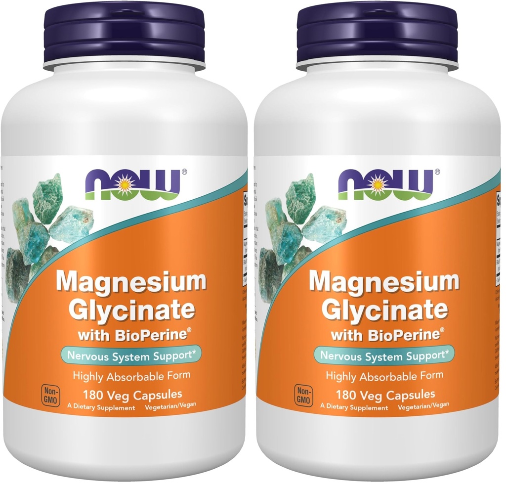 Now Supplements, Magnesium Glycinate with BioPerine, 180 Veg Capsules,(Pack of 2)