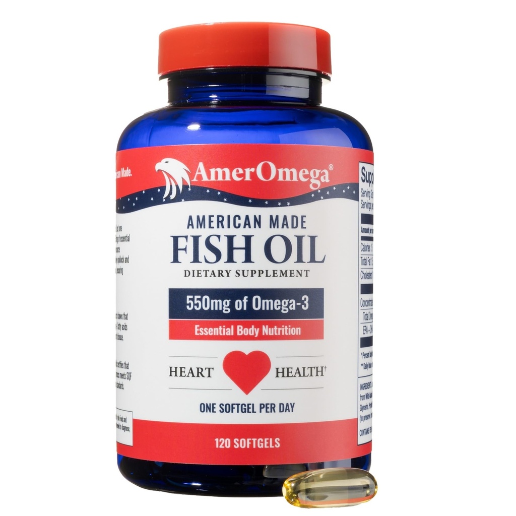 AmeriOmega Triglycerid Omega-3 Fish Oil for Heart Health Support - Wild- Catched Alaskan Walleye Pollock - American- Sourced, American- Made - Non- GMO, gluten- Free & Dairy- Free - 120 Softgels