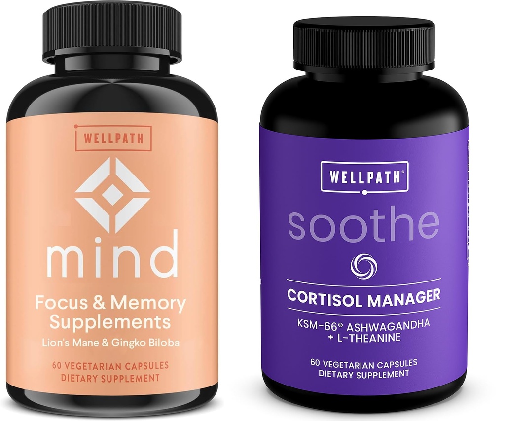 WellPath Mysl Doplněk pro paměť a zaměření s Lví hřívou a Soothe Cortisol Manager s KSM-66 ® Ashwagandha & L-Theanin