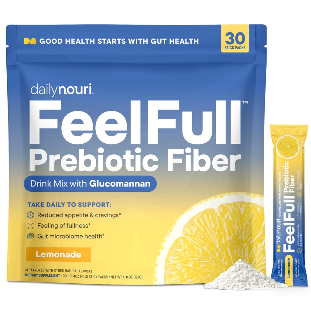 Denní Nouri FeelFull Prebiotic Fiber Drink Mix 124; Podporuje přírodní plnost, Appetite & Control, Gut & Metabolic Health CLAS124; Oligofruktosa, Glucomannan & Chromium CLAS124; 30 Stick Packs
