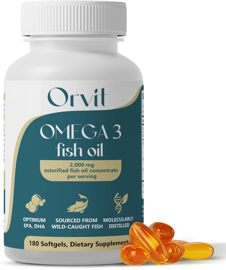 ORVIT Omega 3 Fish Oil Softgel 2000 mg - Ultimate EPA DHA Supplement for Men and Women - Burless - No Fishy Taste - Unflaured 180 Softgels - Organic, Non GMO - Made in USA