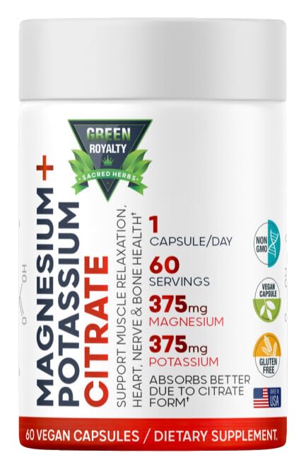 Magnesium Citrát + Draslík 60 Premium Vegan Kapsle (Citrát 375 mg) + (375mg Draslík) Non GMO, Lepek zdarma - Vysoká absorpční doplněk Vyrobeno v USA