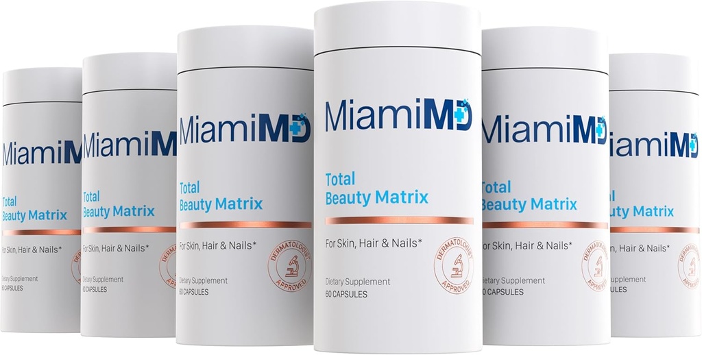 MiamiMD Total Beauty Matrix Kolagen doplňky pro ženy - Kolagenové kapsle s vitamínem C pro vlasy, kůži a nehty - Krutost zdarma - (60 Kapsle) - 6 Pack