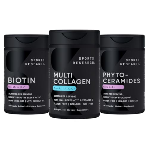 Sportovní výzkum Vegan Biotin 10,000mcg s kokosovým olejem, Multi kolagen pilulky (typ I, II, III, V, X) Hydrolyzované kolagen Peptidy s hyaluronickou kyselinou + vitamin C & Phytoceramids 350mg na Softgel