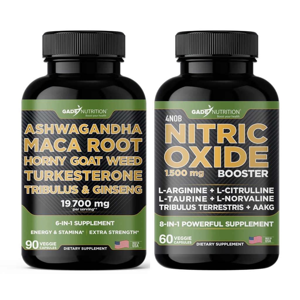 Gade Nutrition Ashwagandha with Maca Root, Horny Goat Weed, Turkesteron, Tribulus Terrestris, Panax Ginseng + Nitric Oxide Booster - Bundle for Energy, Vitality, Performance, Pump