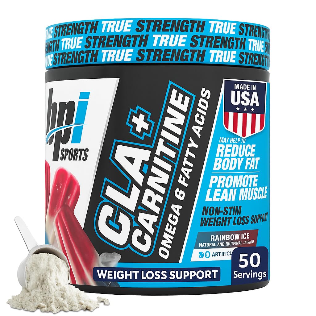 BPI Sports CLA + Carnitin Powder - Non Stimulant Fat Burner for Weight Loss, Metabolismus & Lean Muscle - Caffeine Free - Rainbow Ice - 50 Servings - 12.34 oz
