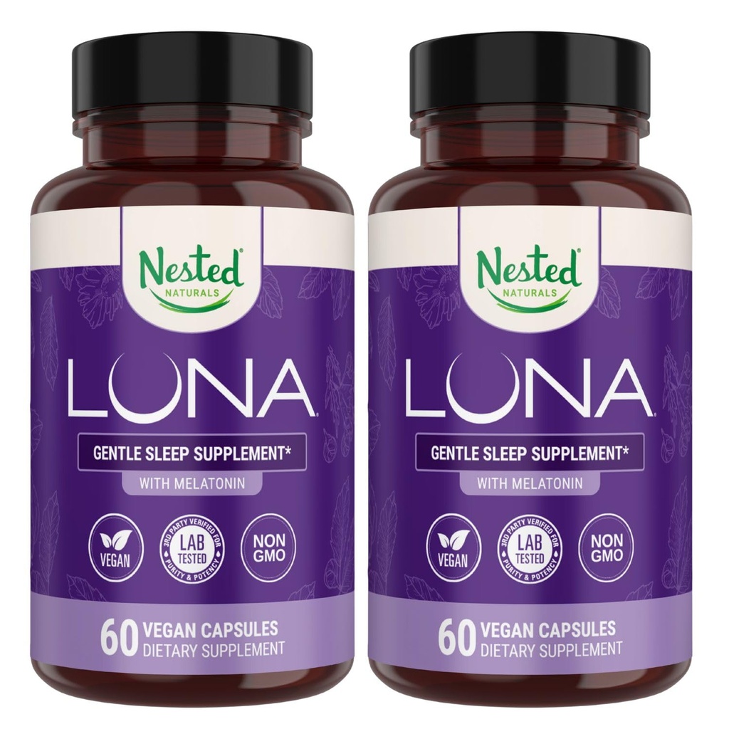 Nested Naturals Luna Sleep Aid - Non- Habit Forming Natural Sleeping pilulky pro dospělé s přirozeně sourced ingrediencí - Valerian Root, Melatonin, Heřmánek, Citrónový balzám, a další - 120 Vegan Kapsle