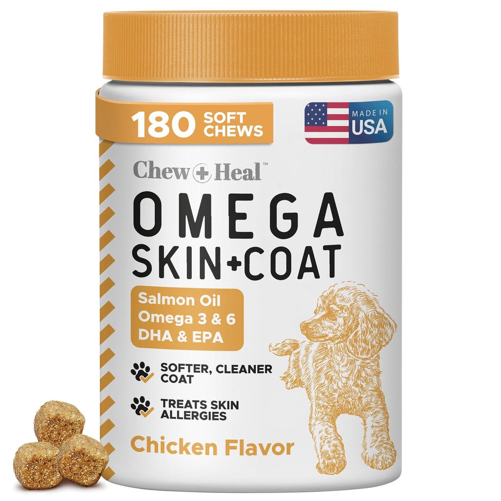 Lososový olej pro psy - 180 Soft Chew Omega ošetření pro kůži a kabát - Rybí olej směs esenciální mastné kyseliny, Omega 3 a 6, Vitamíny, Antioxidanty a minerály - Made in USA