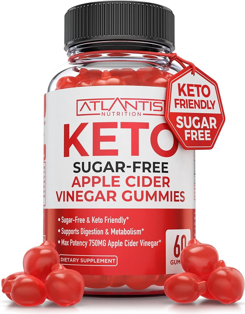 Atlantis Nutrition Sugar- Free Keto ACV Gummies for Weight Loss - Apple Cider Ocet Gummies Vyrobeno s 750MG ACV per Serving - Podporuje Digestion, Weight Loss, Detox & Cleansing - 60 Počet