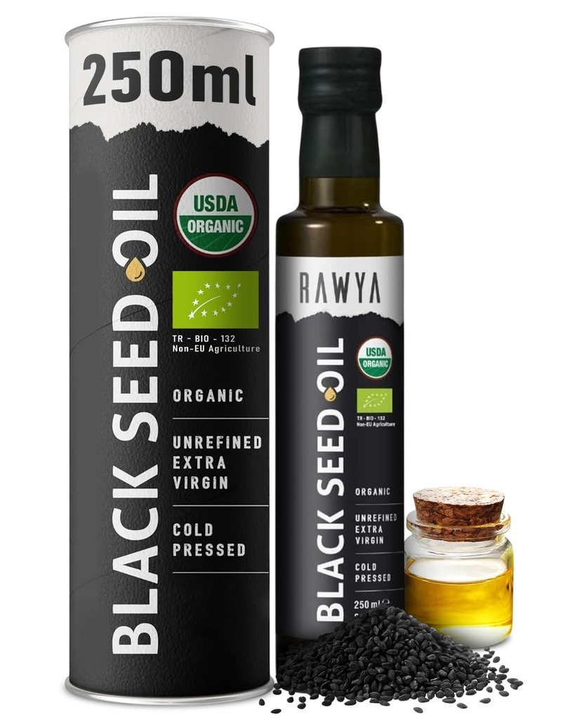 RAWYA Black Seed Oil - USDA Organic Certified - Cold Pressed - 8.4 Fl oz - Extra Virgin - Turkian Black Cumin Seed - Premium Nigella Sativa with Thymoquinone - Kalonji - Non- GMO, gluten-Free - Nutriční doplňky - Extra silná chuť