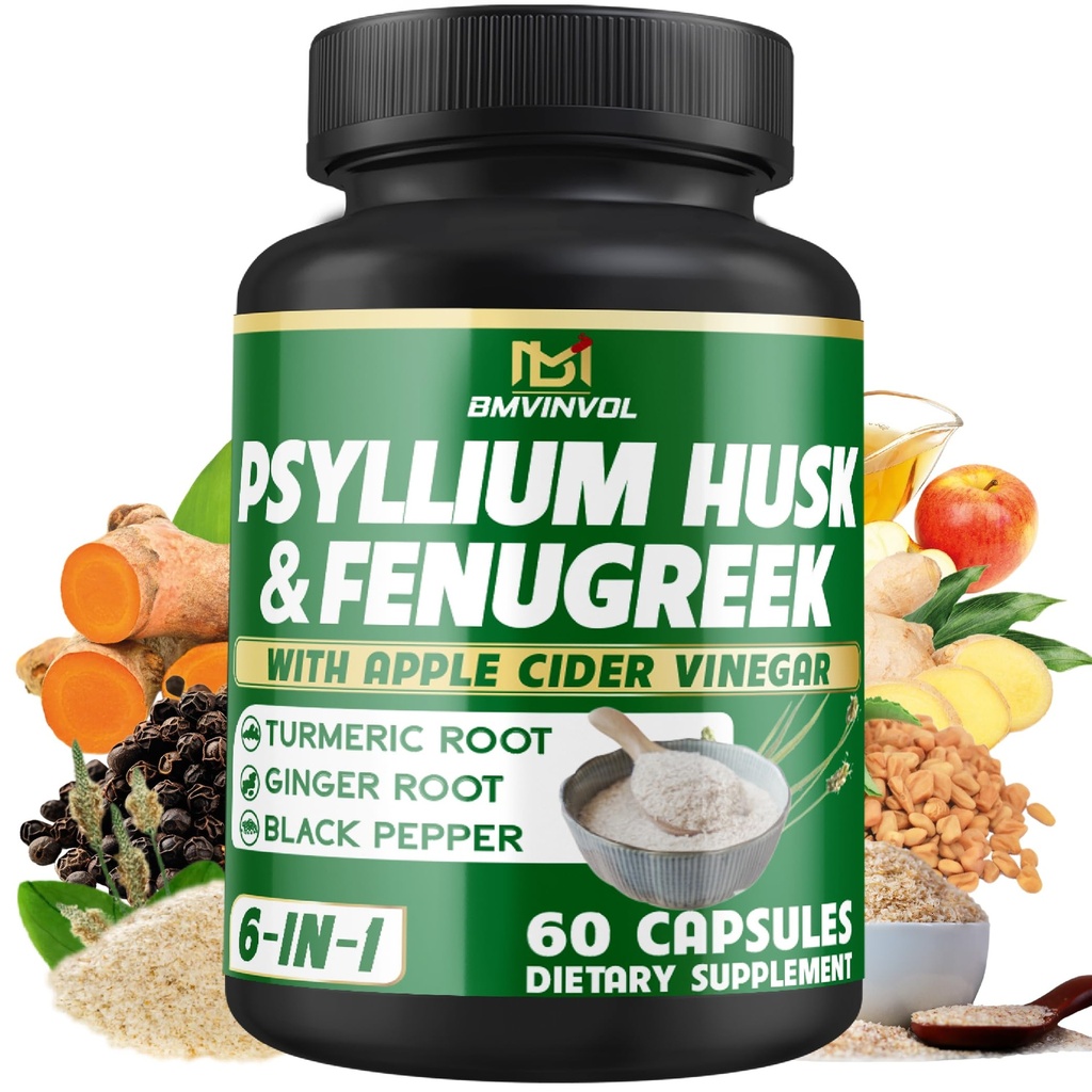 BMVINVOL Psylium Husk Fiber Supplement t with Fenugreek, Apple Cider ocet, Turmeric, Ginger, Black Pepper- Digestion Health Support - 60 Kapsle