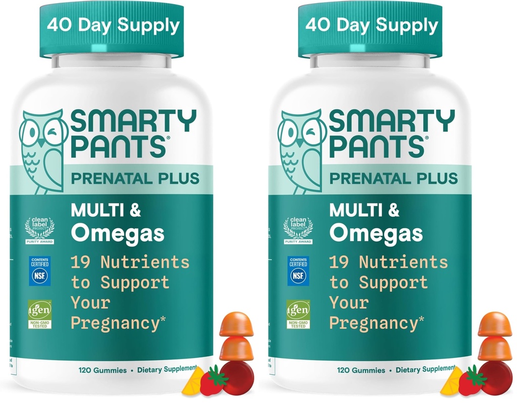 SmartyPants Prenatal Multivitamin Gummies, Omega 3 (DHA / EPA), Methylfolát, Biotin, Vitamin D3, C, Vitamin B12, B6, A, K & Zinek, Lepek zdarma, 120 Počet (40 Day Supply) (Balení po 2)