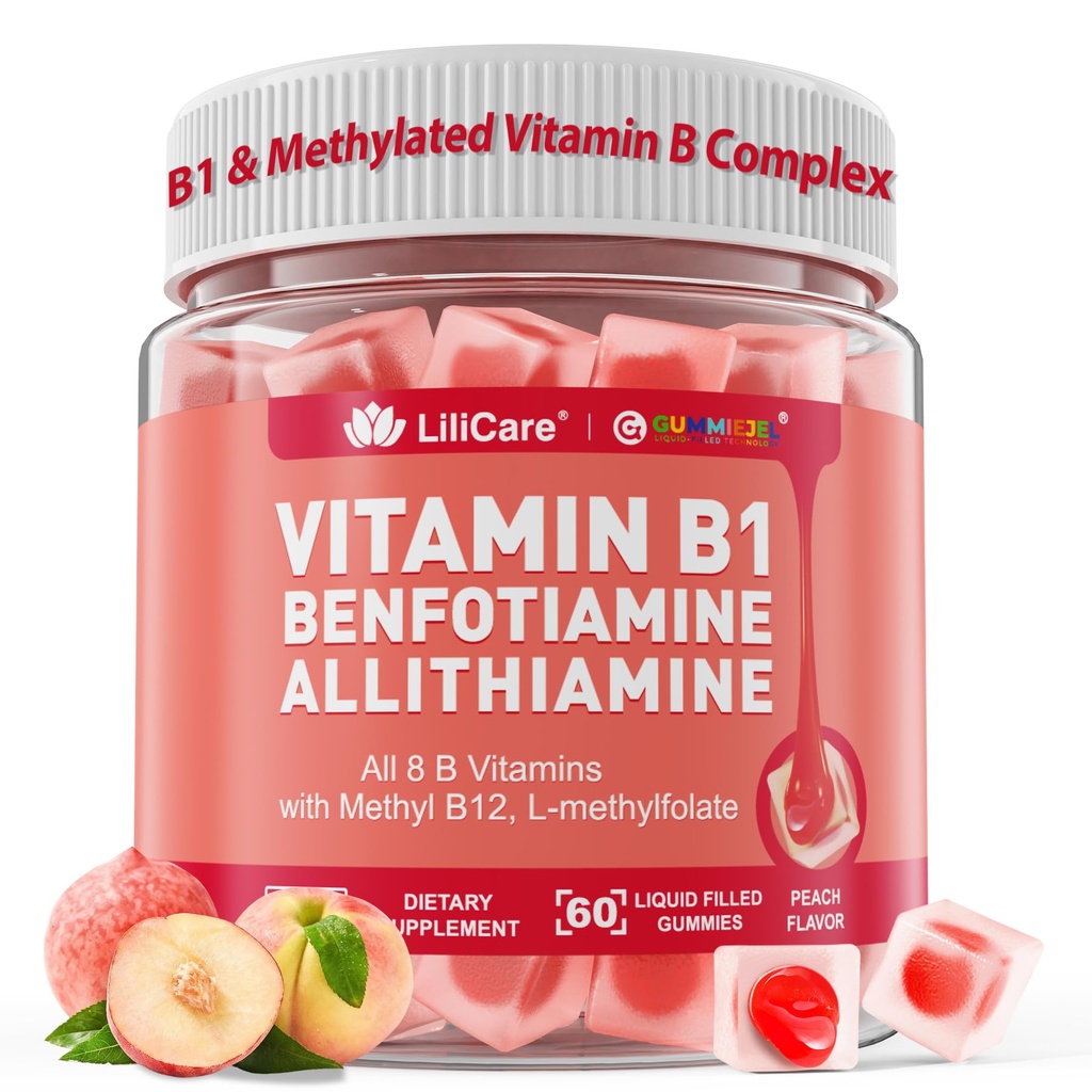 Vitamin B1 & Methylovaný vitamin B Complex Gummies - všechny B vitaminy, benfotiamin, thiamin & Inositol, Methylovaný B1 B2 B6 Multivitaminy, L- methylfolát, methyl B12 pro Nerve Cognition Energy, 60 Cts