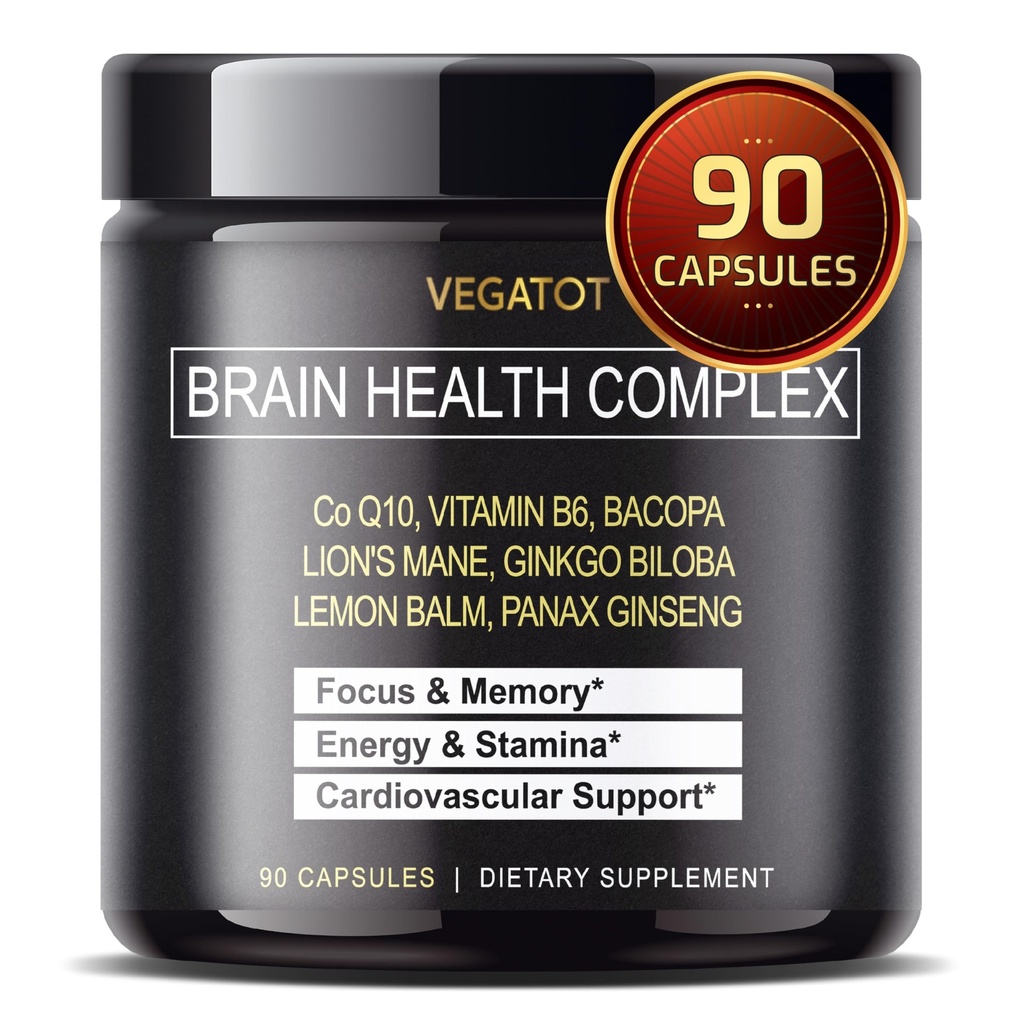 VEGATOT Brain Booster Brain Health Complex Concentrated with CoQ-10 VIT B6 Lion 's Mane Ginkgo Biloba Lemon Balm Ginseng - Focus Memory Energy