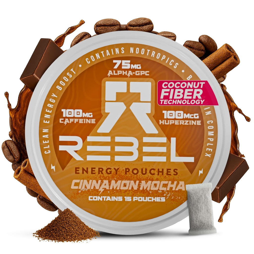 Rebel Nootropic Energy Caffeine Pouches (Skořice Mocha) • 100mg Caffeine • Alpha GPC • Huperzin A & Essential Vitamíny • Sugar- Free • Coconut Fiber Technology • 15 Pouches per can (balení po 1)