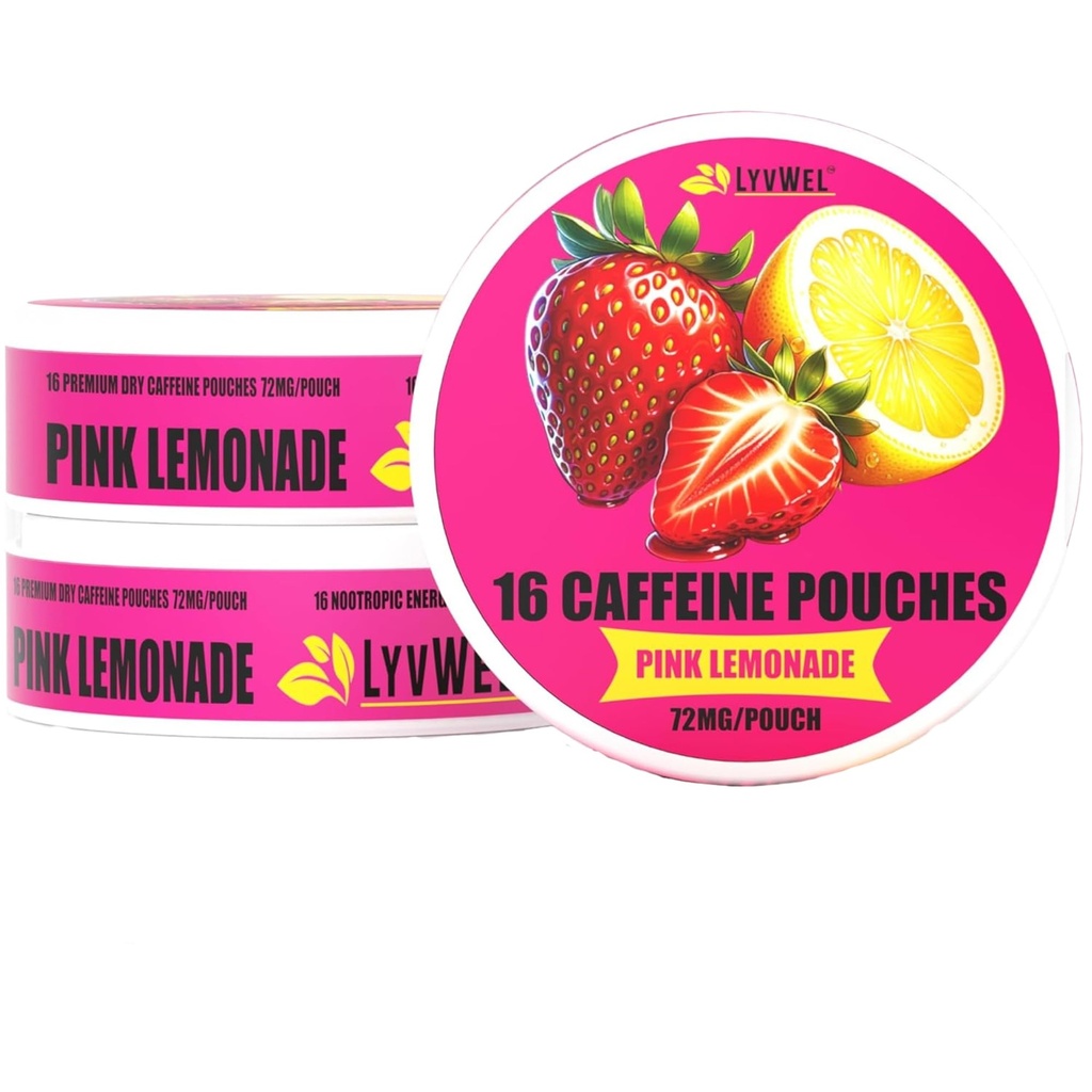 LyvWel 72mg Caffeine Energy Pouches CLAS124; Nootropní Focus & Neuro Support CLAS124; 3- Pack s 16 Pouches Per Can CLAS124; Tobacco-Free, Nicotine-Free, Quick Energy Solution (3 Pack, Pink Lemonade)