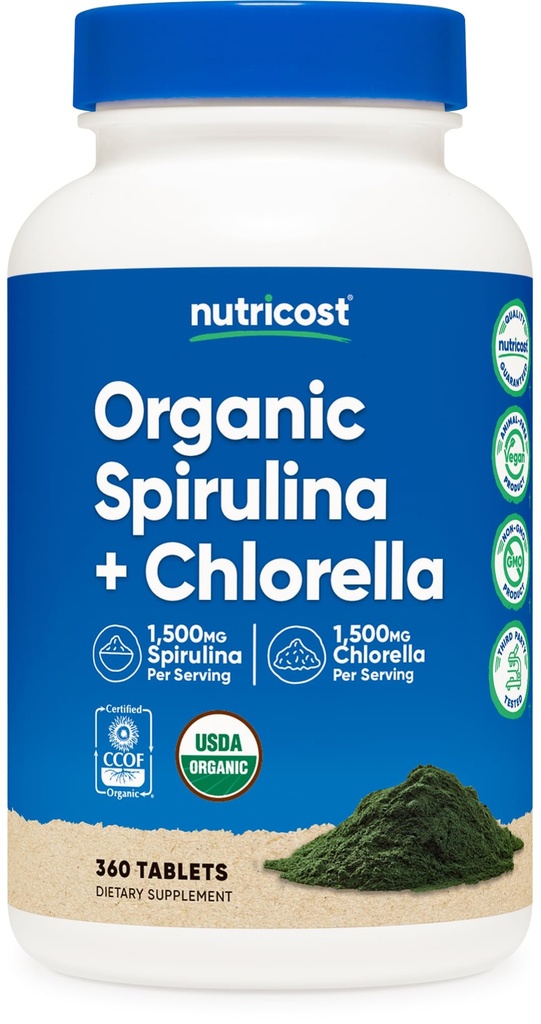Nutricost Organic Spirulina + Chlorella (3,000mg) 360 tablet - USDA Organic, 1,500mg Spirulina, 1,500mg Chlorella, Vegan, GMO-Free, Gluten- Free, 60 Servings