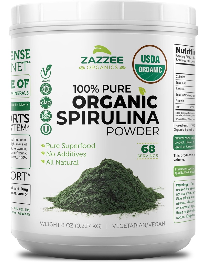 Zazzee USDA Organic Spirulina Powder, 8 Ounces, 68 Servings, Certified Kosher, 100% Pure, Non-Iradiated, Mess- Free Wide Mouth Container, Fresh Smell and Neutrální Chuť, Non-GMO, Made in the USA