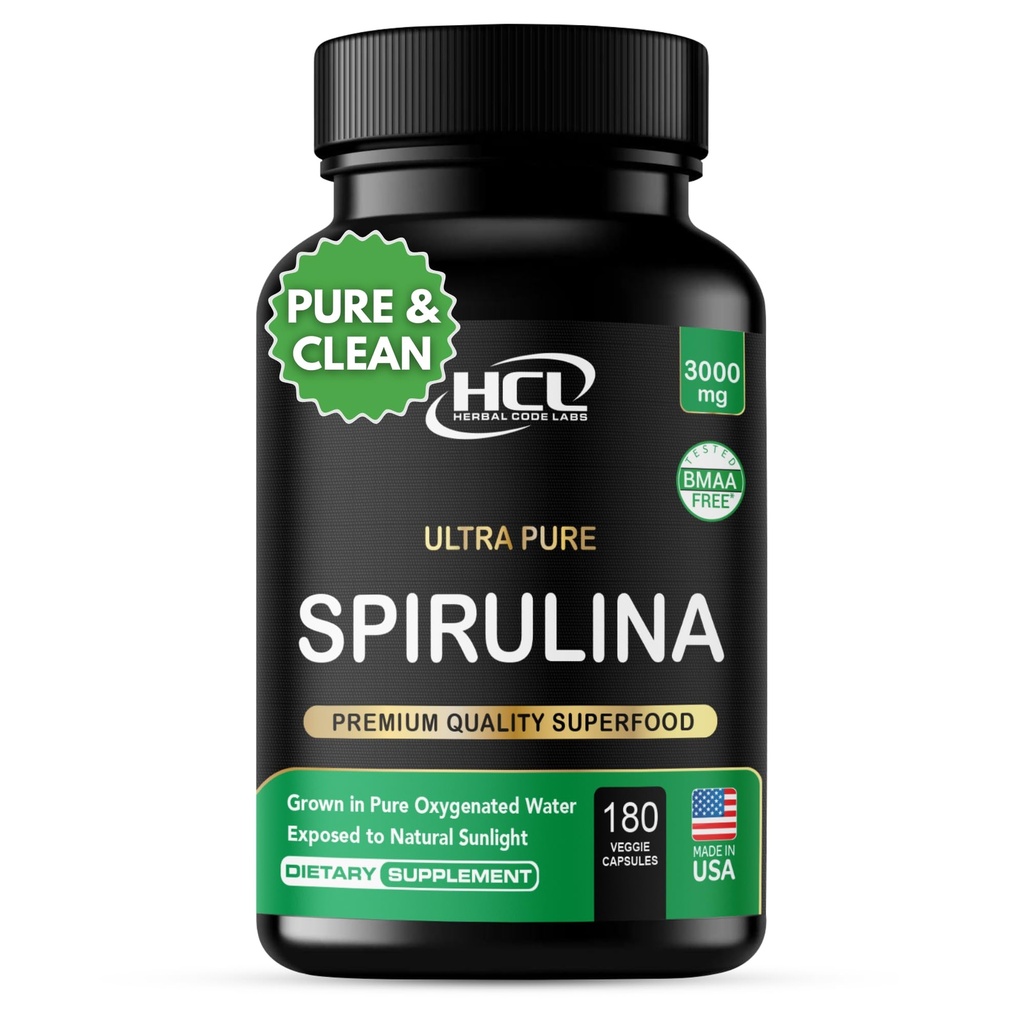 Spirulina Powder Capsules 3000 mg - Purest Non- Iradiated Blue Green Algae - Best Raw Vegan Protein - Green Superfood - Natural Multivitamins - 180 Pills Made in the USA
