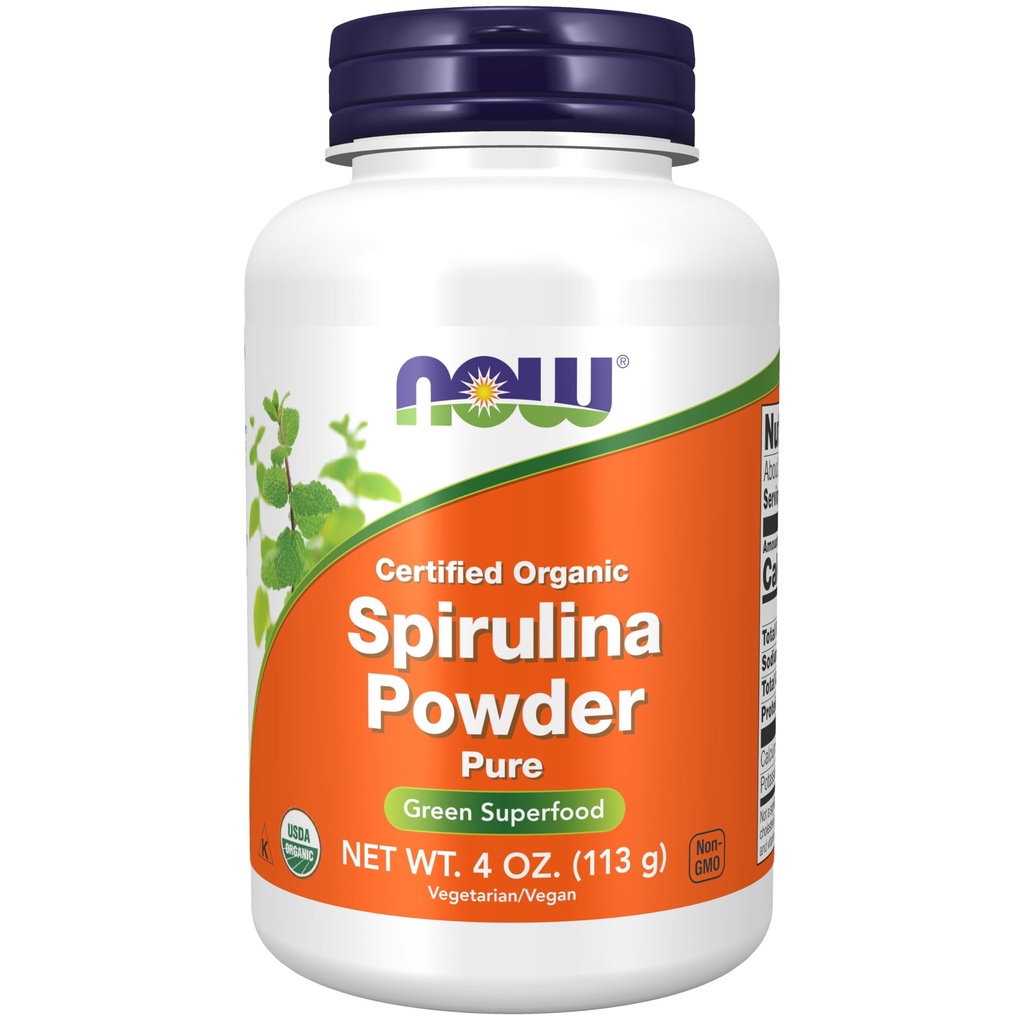 Nyní potraviny doplňky, Certified Organic, Spirulina prášek, bohatý na betakaroten (vitamin A) a B-12 s přirozeně se vyskytující GLA & chlorofyl, 4-Ounce