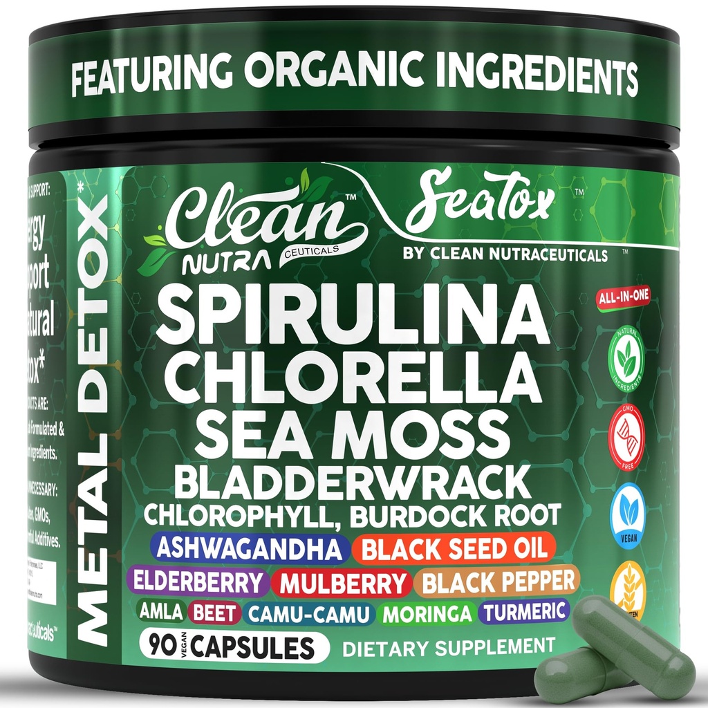 Sea Tox Organic Spirulina a Chlorella Kapsle přírodní Čištění & Župan Moss Bladderwrack Chlorofyl Burdock Root Ashwagandha Turmeric 90 Vegan Black Seed Oil Kapsle Čisté Nutra