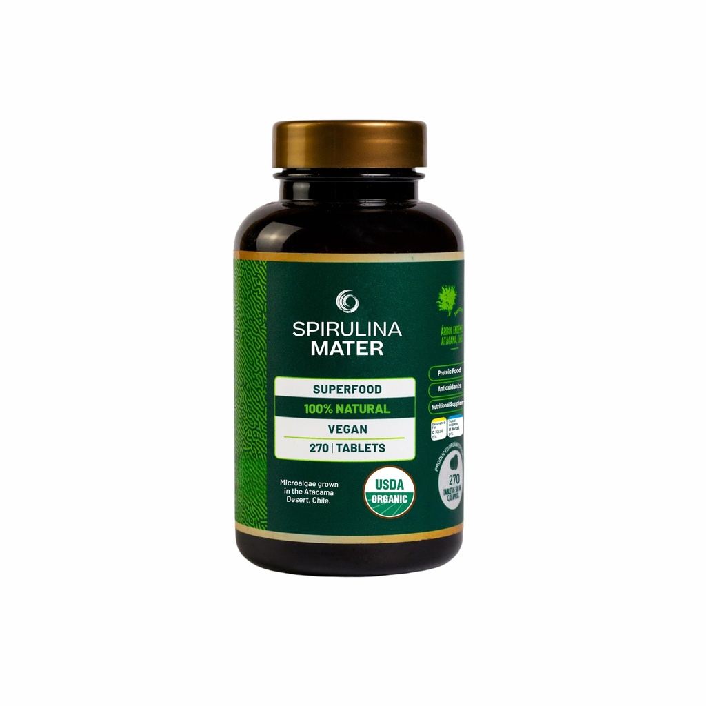 Spirulina Tablety USDA Organic, Atacama Desert Grown, Plant Based Superfood Dodatek, Nutrient Dense Algae pro denní Wellness and Energy, 270 Tablety