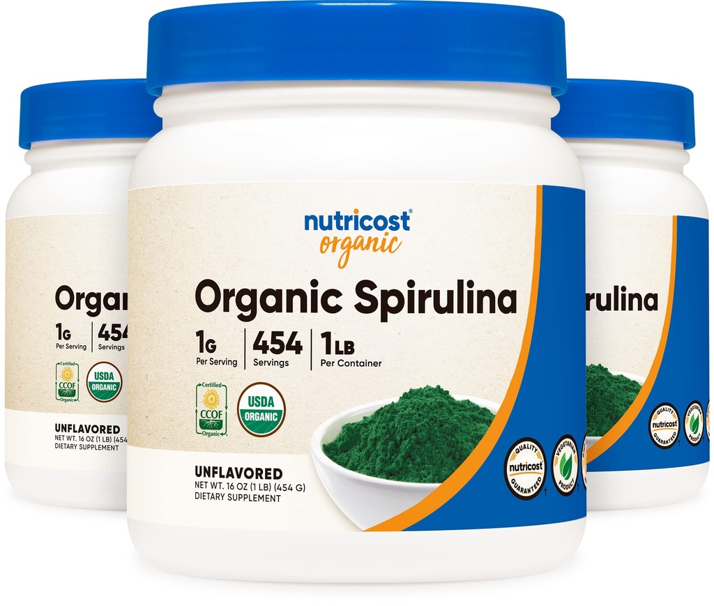 Nutricost Organic Spirulina Powder Neochucené, 1LB Kontejner pro 454 Servings (3 láhve) - Vegan, GMO zdarma a gluten zdarma