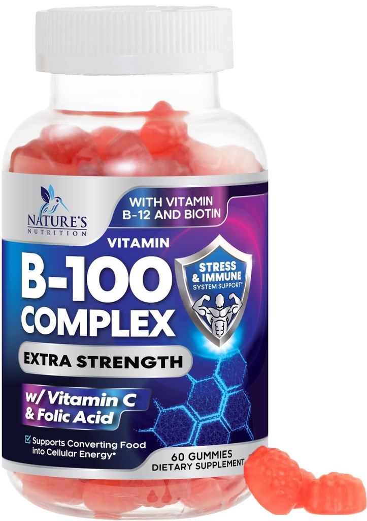 B Komplexní doplněk gumové s vitaminem C & kyselina listová, Extra síla Super Vitamin B Gummy s Niacin, B6, kyselina listová, B12, Biotin, Příroda energie Imunitní doplňky - 60 Gummies