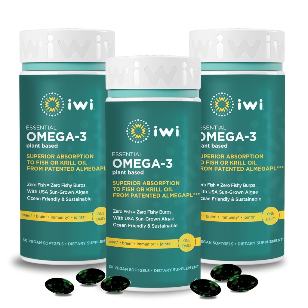 Iwi Omega-3 Essential, 90 Softgels (90 Servings), Plant- Based Algae Omega 3 s EPA + DHA, Brain, Heart & Imunitary Support Dietary Supplement, Krill & Fish Oil Alternative, No Fishy After taste