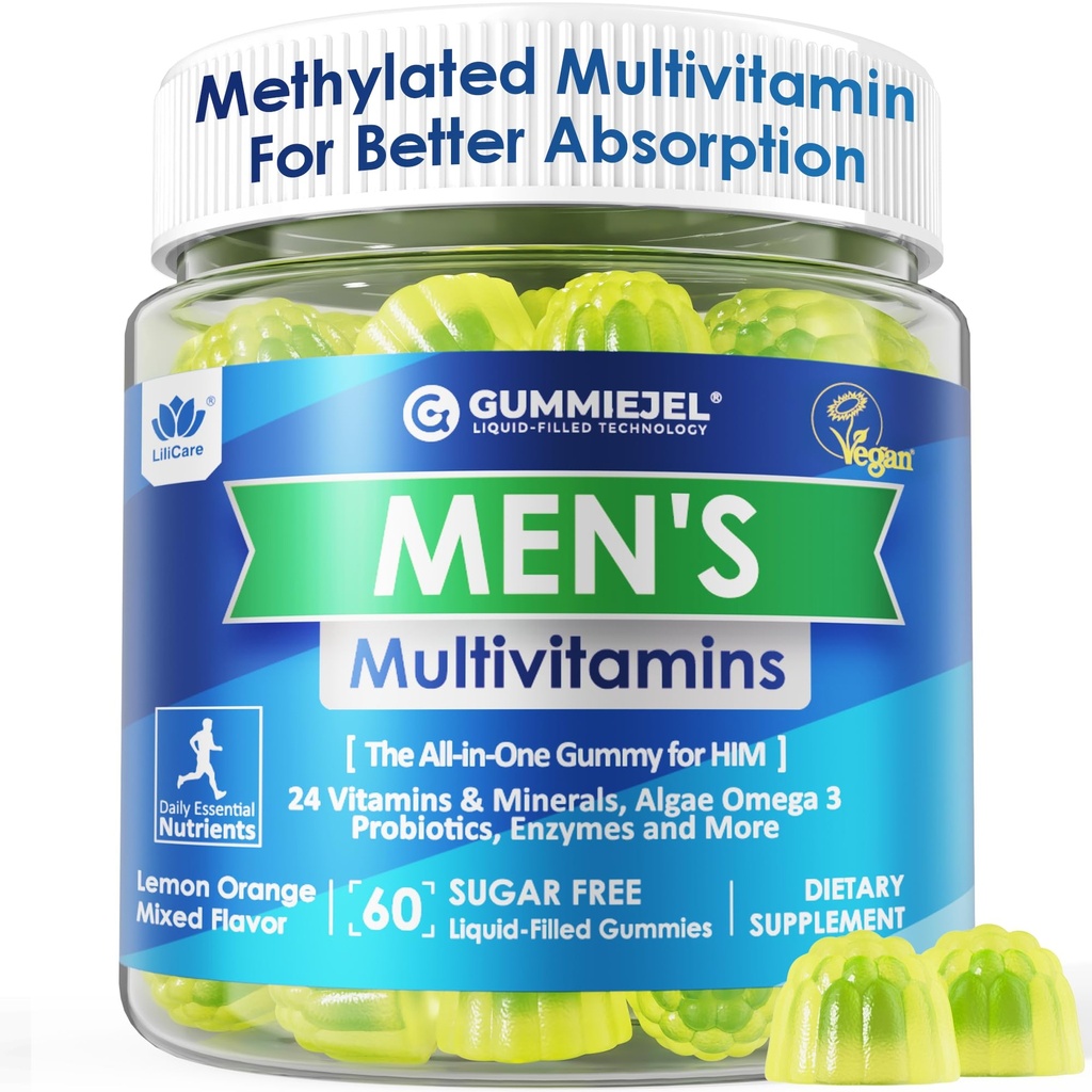 Mens Multivitamins Gummies, Methylovaný multivitamin pro muže, B komplex, minerály, Vegan Omega 3, Probiotický, enzym, Antioxidanty pro mužskou kompletní denní podporu, cukr zdarma, Vegan (bez železa) 60 Počet