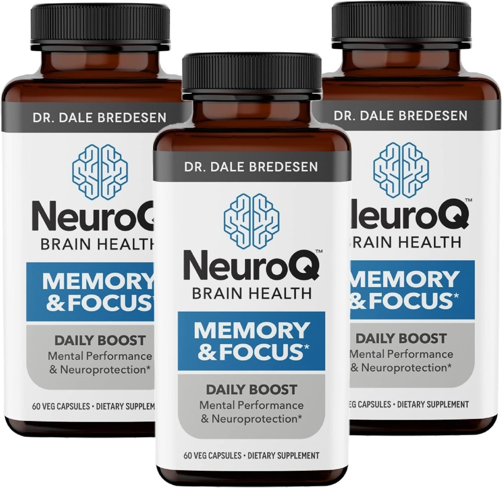 NeuroQ Memory & Focus - Zvyšuje kognitivní výkon a funkci mozku - Neuroprotektivní formule Dr. Dale Bredesen - Gotu Kola Ginkgo Phosphatidylserine & Propolis - 60 Kapsle (balení po 3)