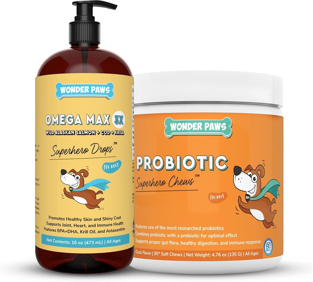 WONDER PAWS Omega Max Fish Oil Plus Probiotické Chews - pro Psí společné zdraví, Kožní vlhkost, Gut Health & Daily Wellness - Omega Max 16 Ounces - Probiotic 90 Chews
