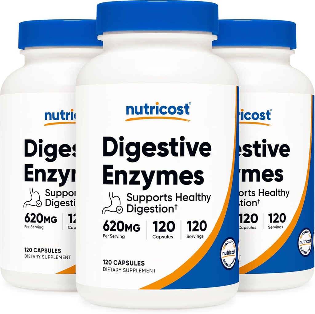 Nutricost Digestivní Enzymy 620mg, 120 Veggie Kapsle (3 Lahve) - Kompletní doplněk k trávicímu enzymu