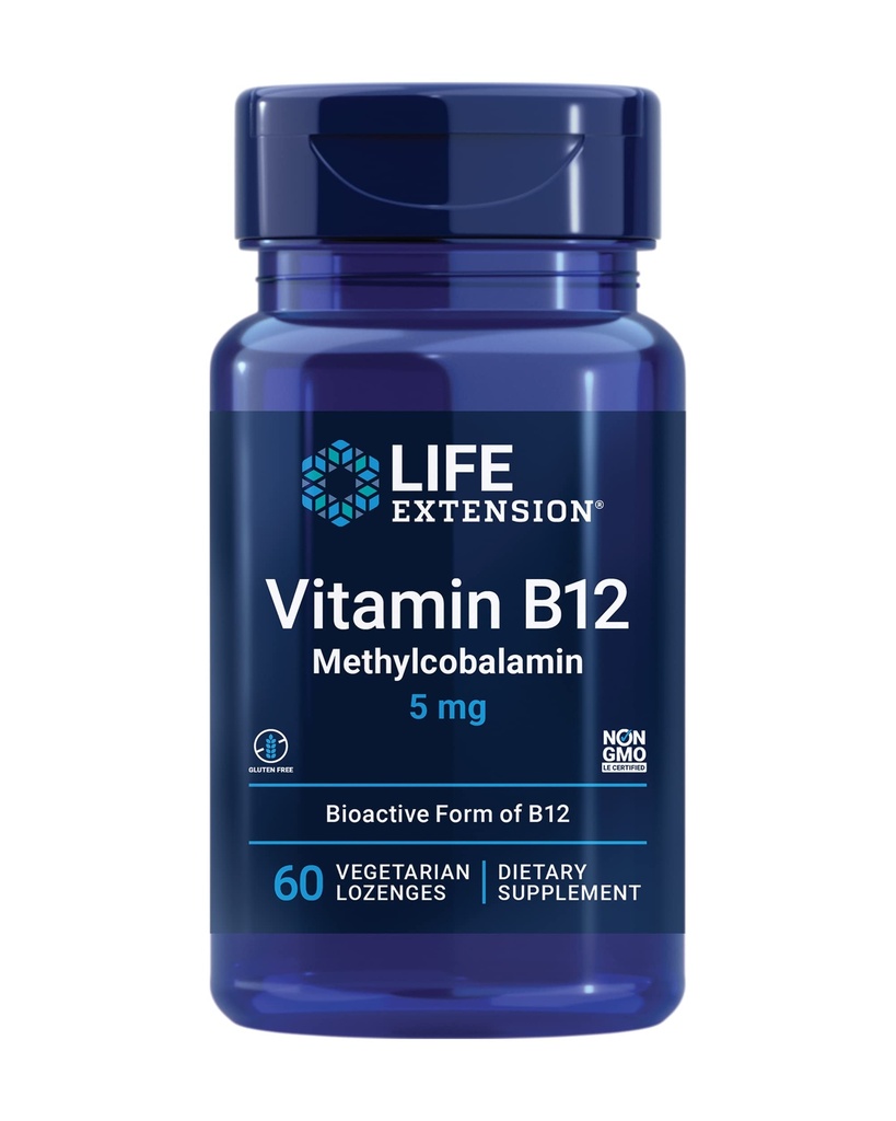 Life Extension Vitamin B12 Methylkobalamin, Nerve doplněk zdraví, Kognitivní podpora, Energy Vitamin, methylkobalamin B12, 5 mg, Quick-Rozpouštění, Gluten- Free, Non- GMO, Vegetariánské, 60 Lozenges