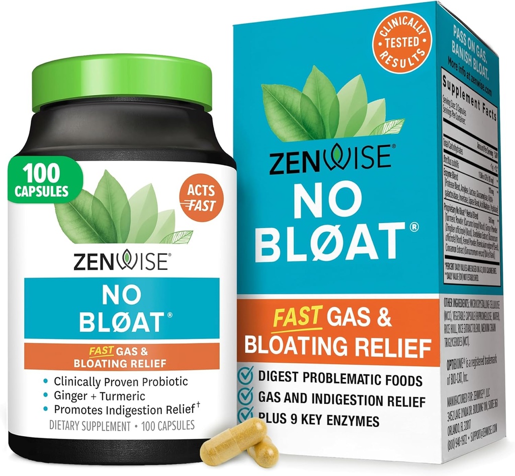 Zenwise Health No Bloat Digestive Enzymes for Gut Health, Gas & Bloating Relief - Multi Enzymes Digestion Dodatek s Probiotika, Ginger, Turmeric Dandelion & Lactase - Muži & Ženy - 100 Počet