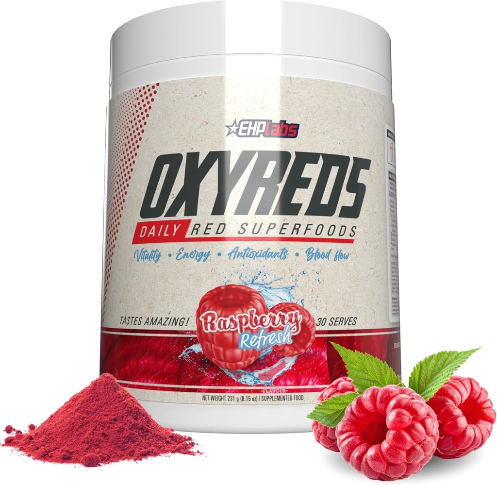EHP Labs OxyReds Superfood Beets Powder - Doplněk oxidu dusnatého, Organic Beet Root Powder, Immunní Supplement & Prebiotics for Digestive Health, Beet Powder - Raspberry Refresh, 30 Servings